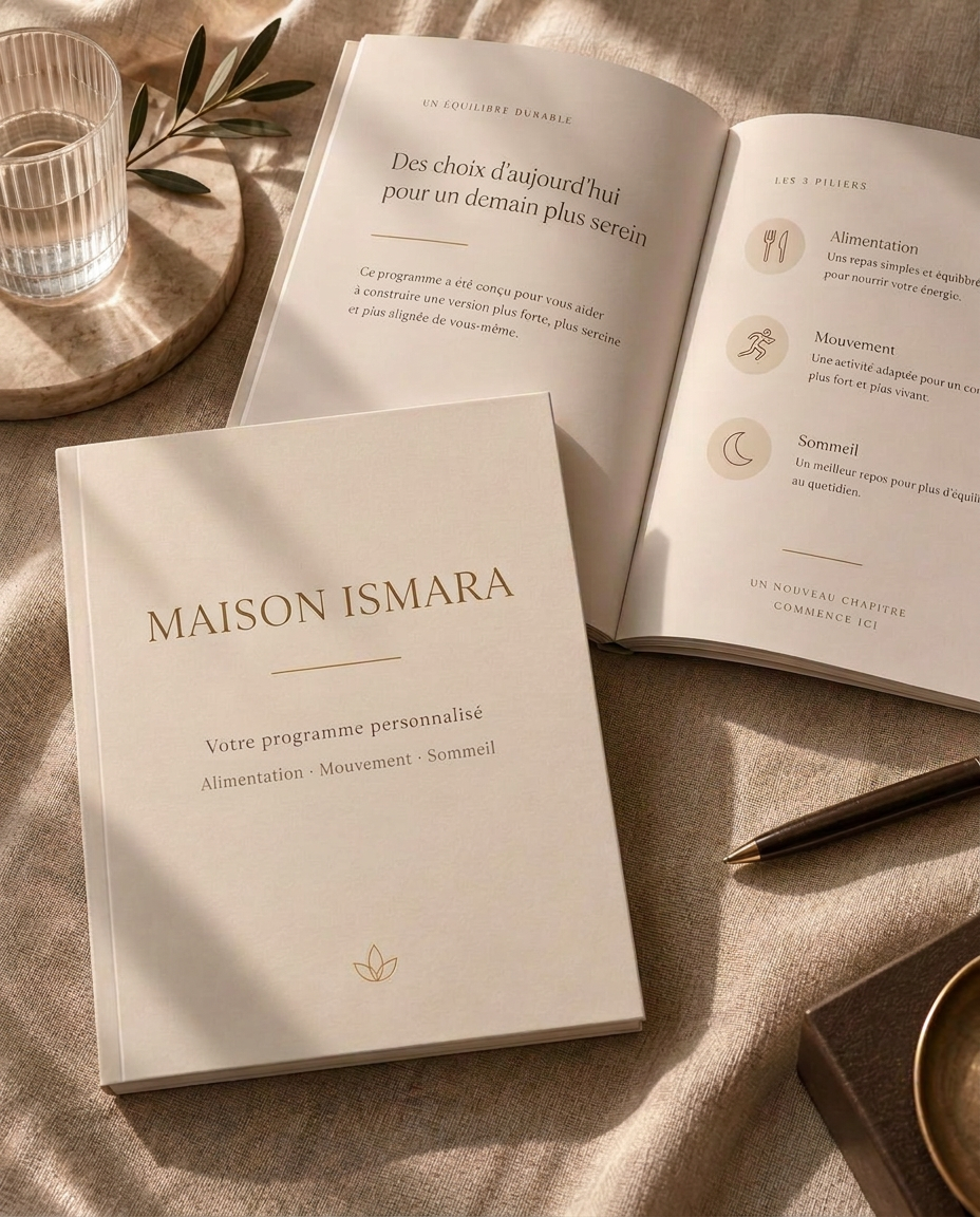 Couverture du programme personnalisé Maison Ismara posée sur du lin, à côté de pages intérieures